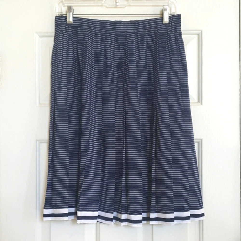 Vintage Navy White Stripe Pleated A-Line Skirt Nautical Preppy Mid-Length M